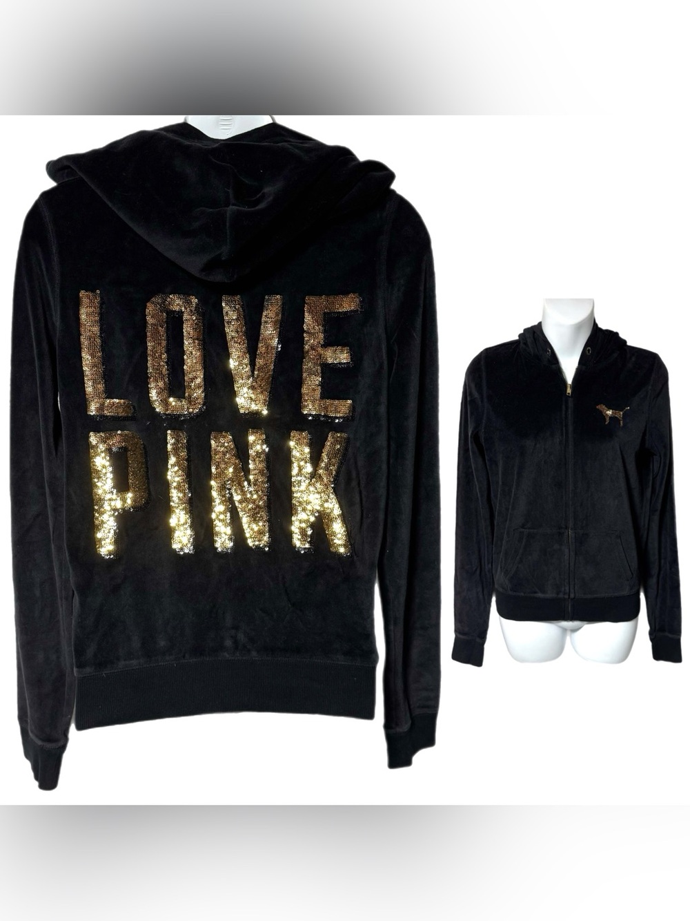 Victoria’s Secret PINK Black Velour Gold Sequin Full Zip Hoodie XS Bling Y2K